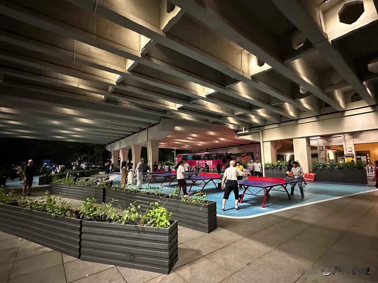 靠海珠区一侧的广州大桥天桥底下，原来的大片空地已经被改造成运动场地，乒乓球桌最多