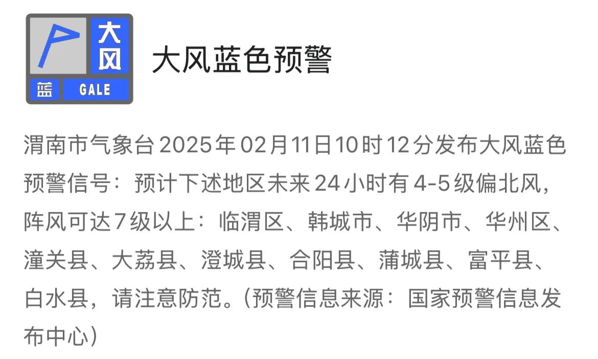 渭南市气象台2025年02月11日10时12分发布大风蓝色预警信号，请注意防范。