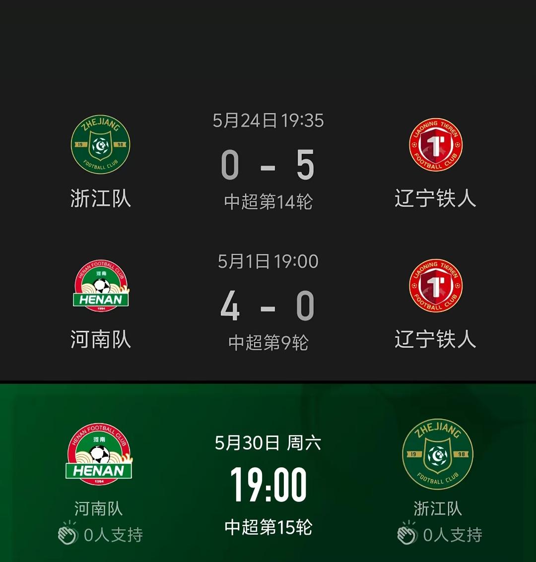 河南队4:0辽宁铁人，浙江绿城0:5辽宁铁人。本周六河南队将在主场迎战杭州绿城，