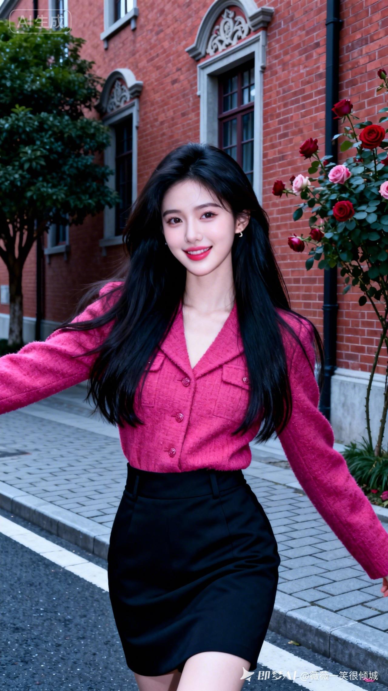 二十岁江南少女，黑长直蓬松垂肩，骨相精致三庭五眼均衡。冷白陶瓷嫩肌，甜欲俏皮，玫