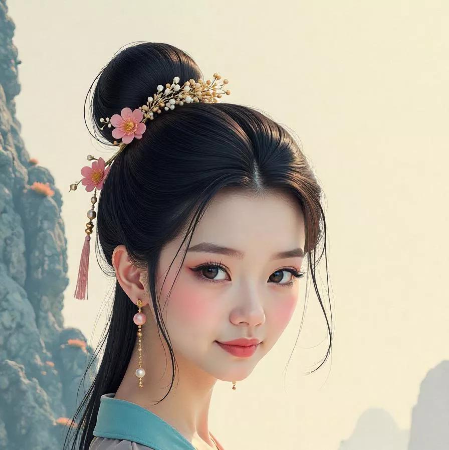 桃花簪上发，仙姿映碧霞。簪玉红妆 桃花古装照 桃花汉服照 桃花仕女图 桃花盘发造