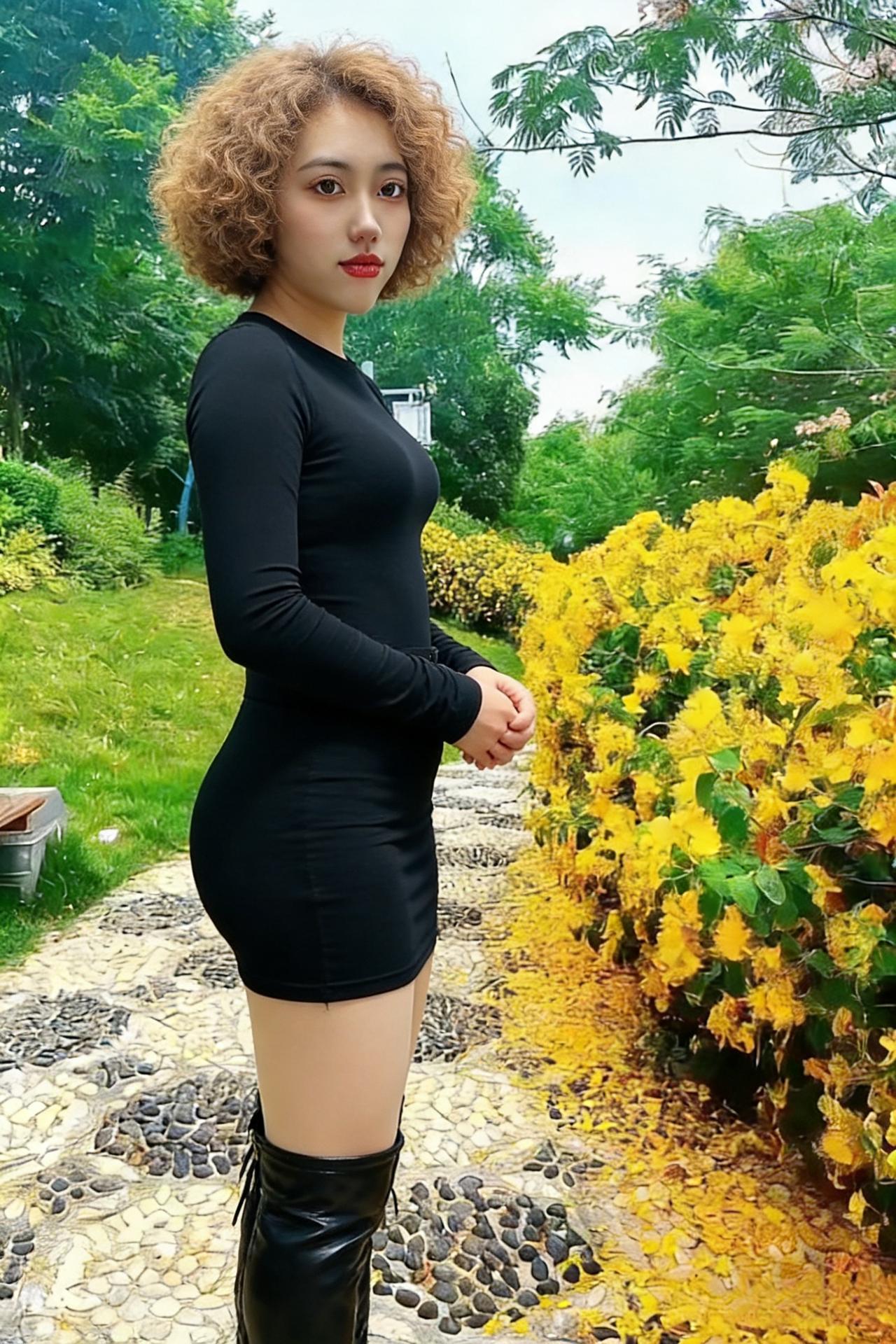 晴郊逢丽人，墨裙染霜痕。
踱径花沾袖，穿林叶绕身。
眉弯山月小，步缓石桥新。
欲