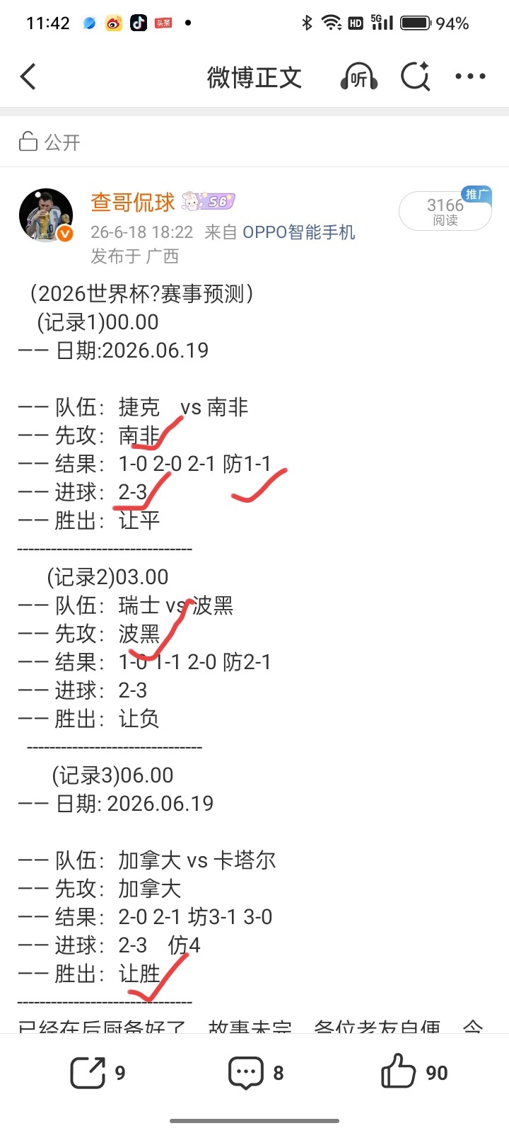 四场世界杯赛事预测核对完毕✅捷克vs南非、瑞士vs波黑先手开球、进球区间全部精准