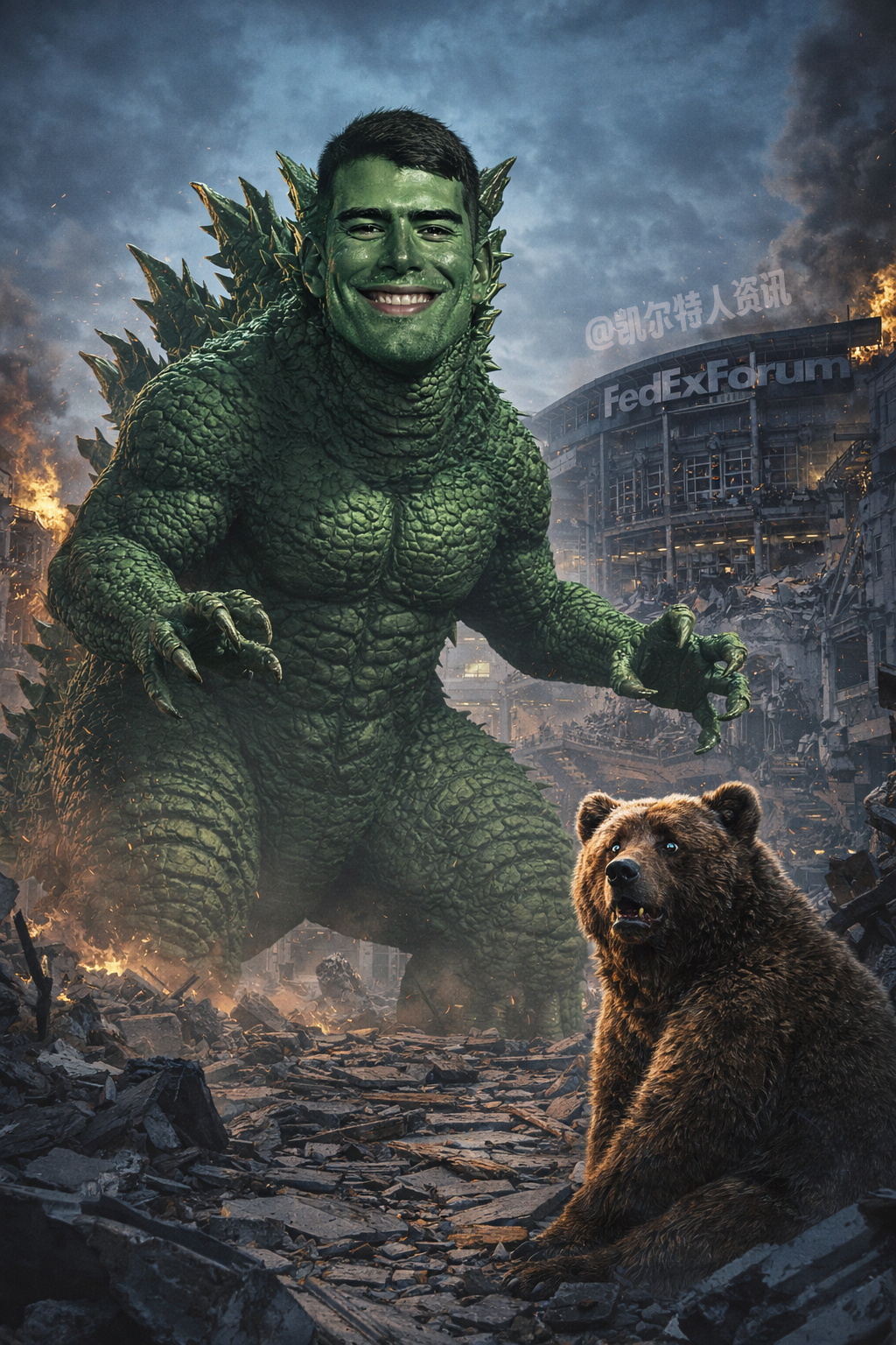 加尔扎喜提绰号“哥斯加（Garzilla）”今天Luka替补出战27分钟，12中