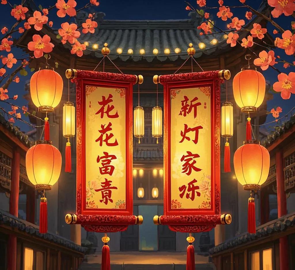 下联：灯照吉祥岁岁欢
 
解析：“花开富贵”描绘了繁花盛开象征着财富和地位的美好