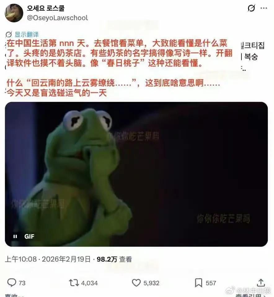 在中国旅居的韩国人说看不懂中国奶茶的名字，连翻译软件都搞不懂，直接让翻译软件宕机