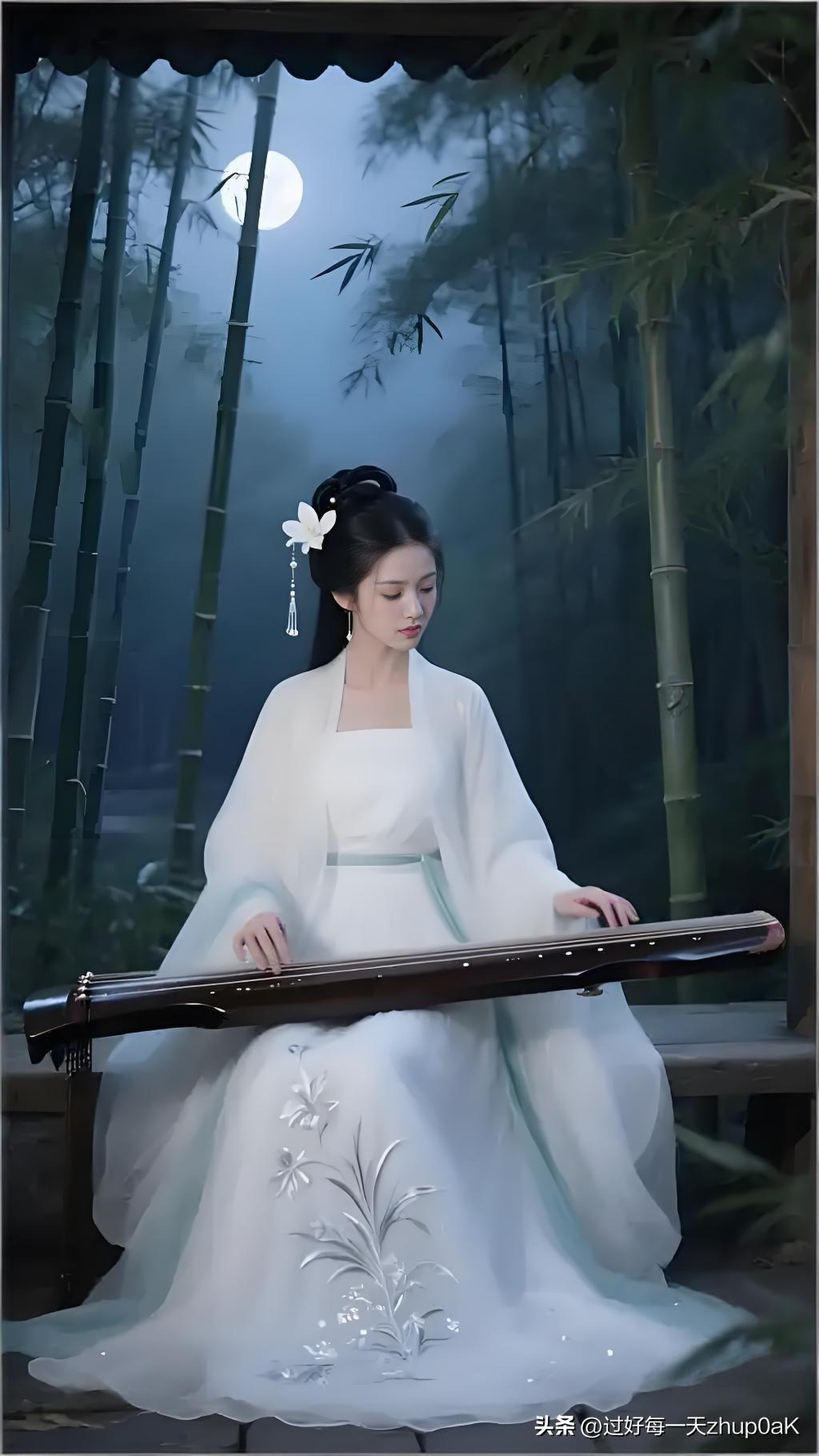 《秋夜·其五》
——明·朱诚泳
抱得瑶琴月下弹，
不知梧影过雕阑。
长空万里秋无