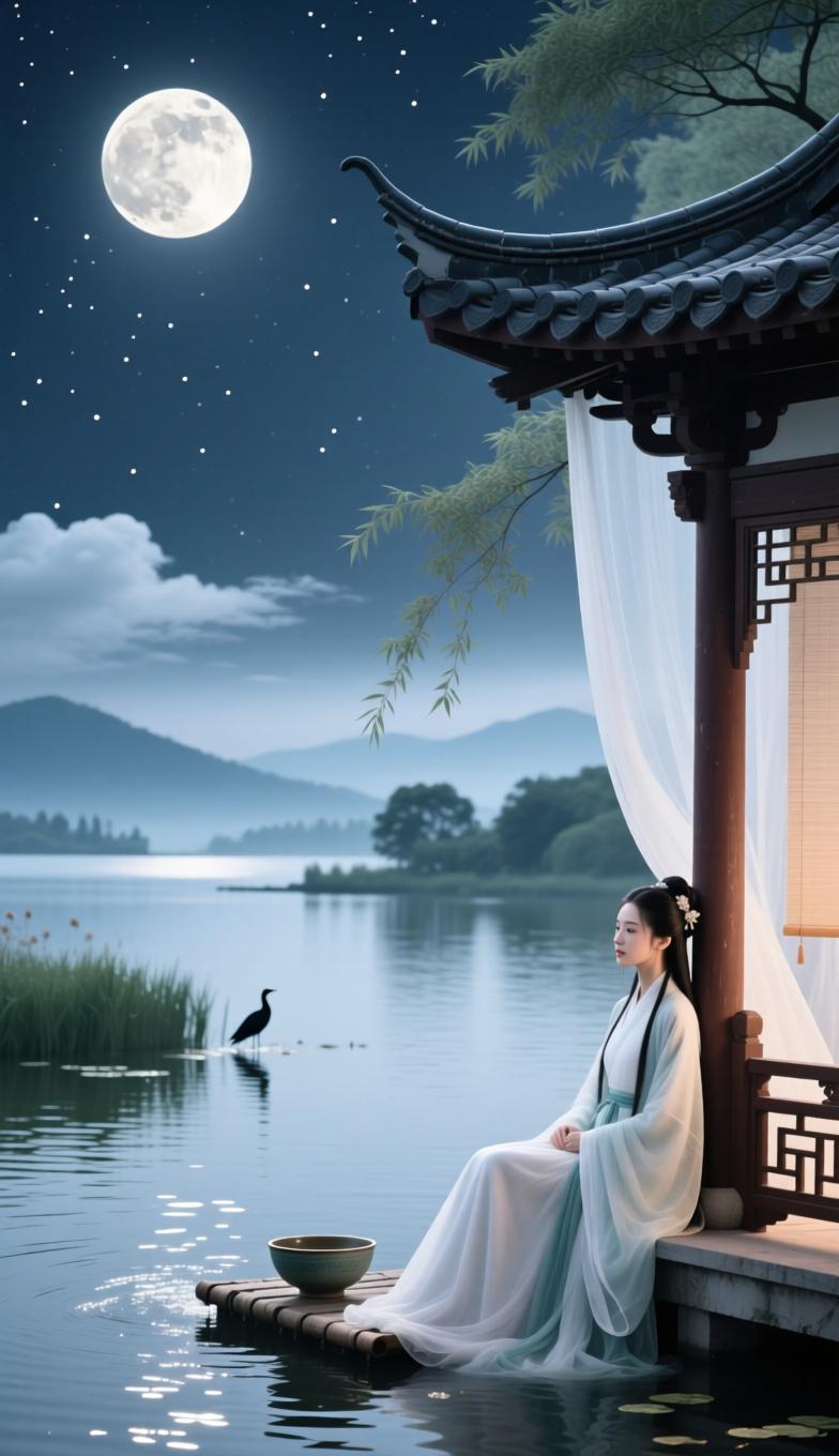 唐多令·情思
 
孤月倚层楼，清风惹旧愁。忆当年、携手汀洲。
别去尘途音信渺，云