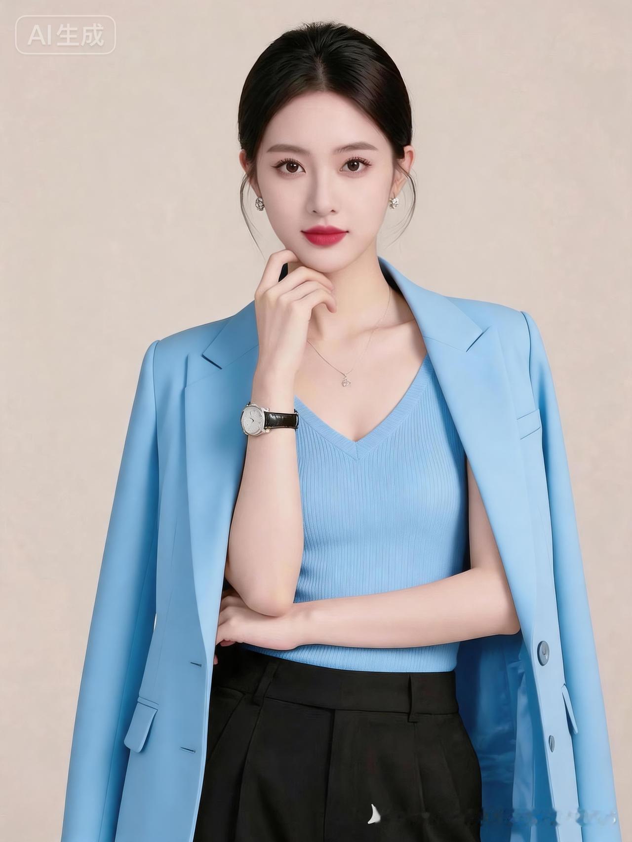 蓝西装配红唇，优雅自信在线，精致配饰点睛，职场女神气场全开！