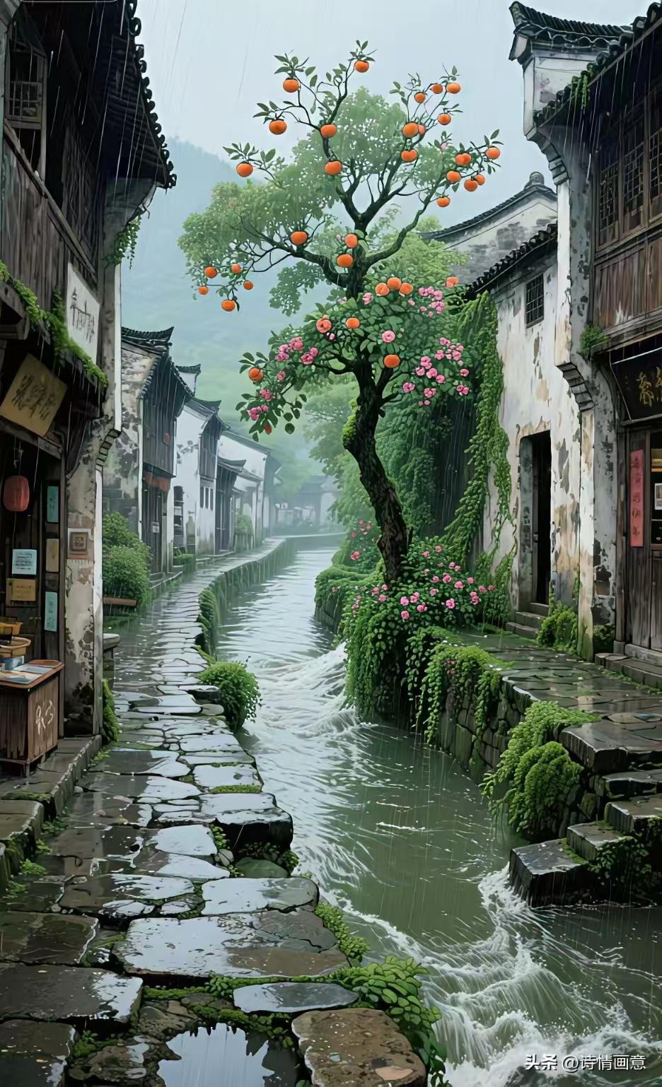 塞鸿秋·江南小镇
雨湿石板途犹滑，
溪穿古巷绕民舍。
红柿满树添温惹，
清波顺淌