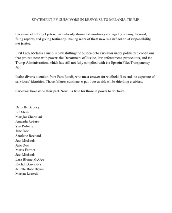 突发：杰弗里·爱泼斯坦的幸存者针对梅拉尼娅·特朗普的讲话发布了一份声明。“幸存者