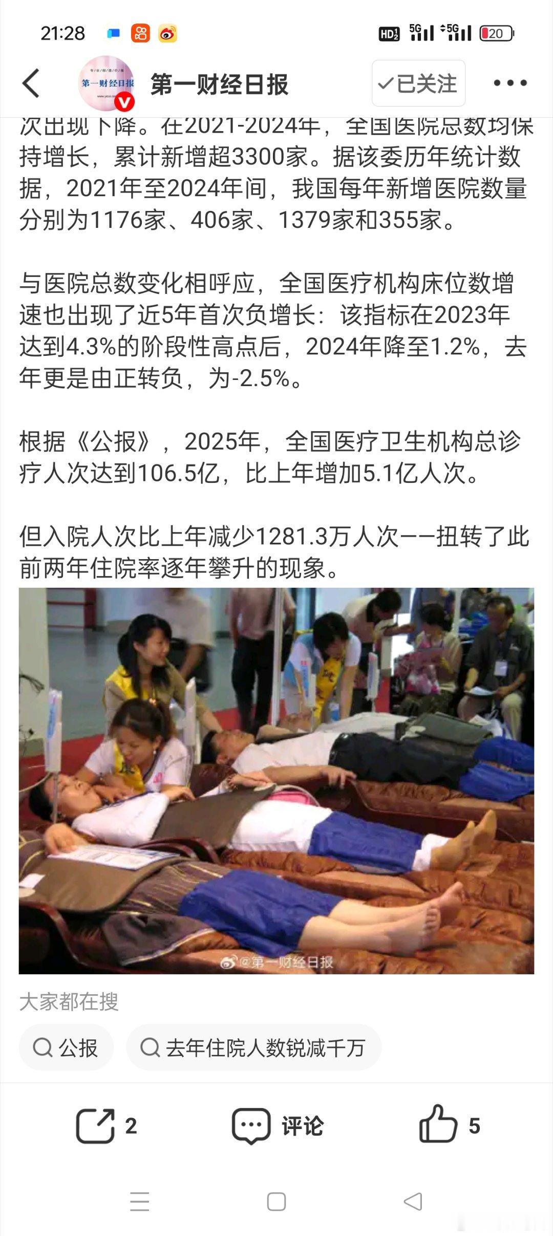医院床位数近5年首次负增长有网友说这是总人口减少的佐证，经历了口罩时期加上这几年