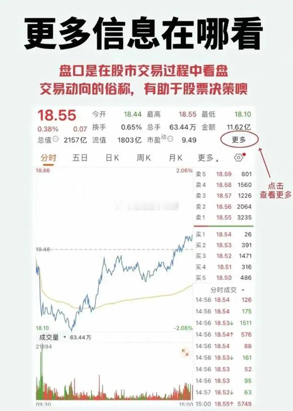 点开更多信息可以查看股票盘口信息，分时成交，逐笔成交，股票的注册资本、发行股本、