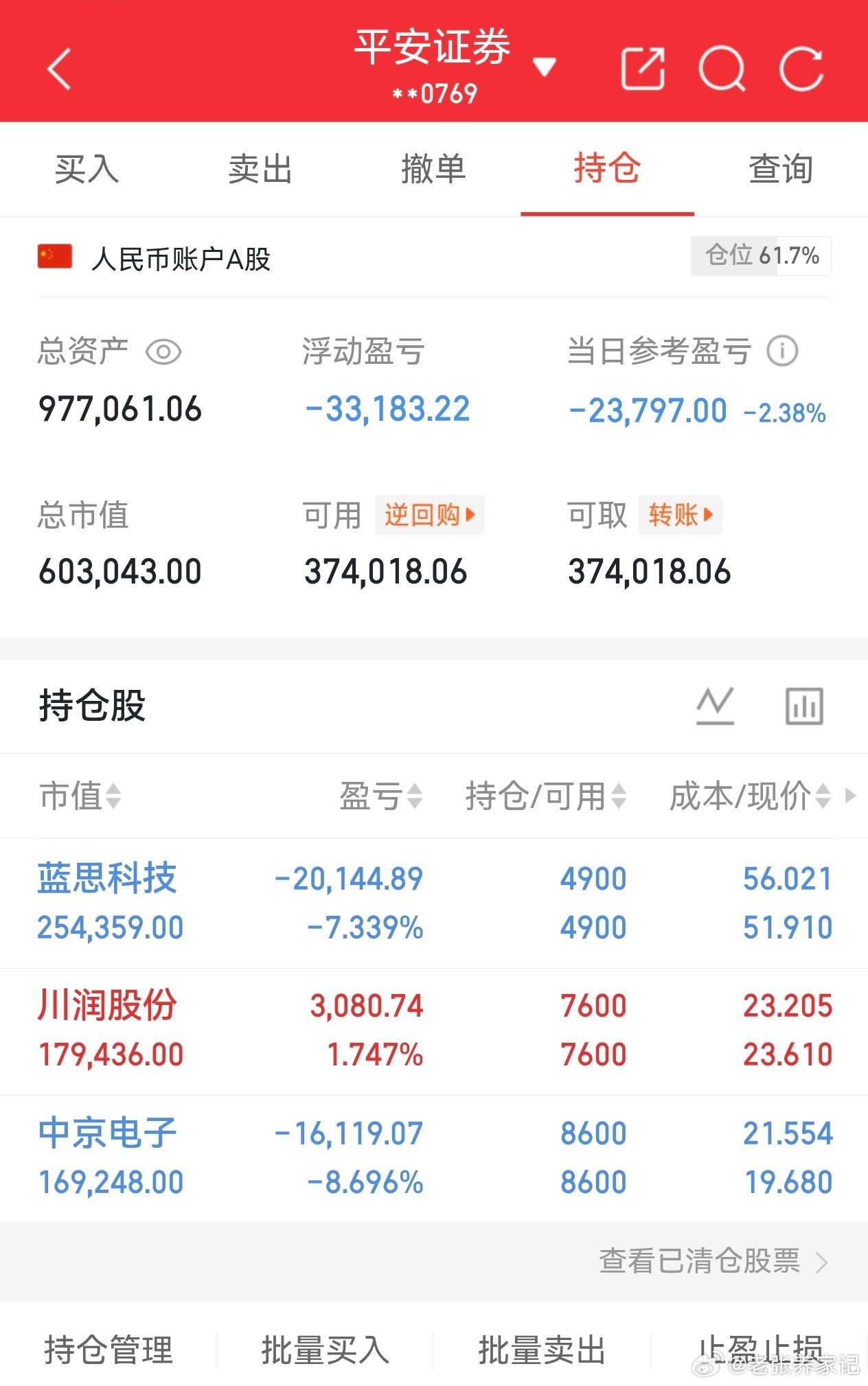 今天又是吃面的一天了。整体仓位集中在消费电子与新能源两条线，分化比较明显：川润股