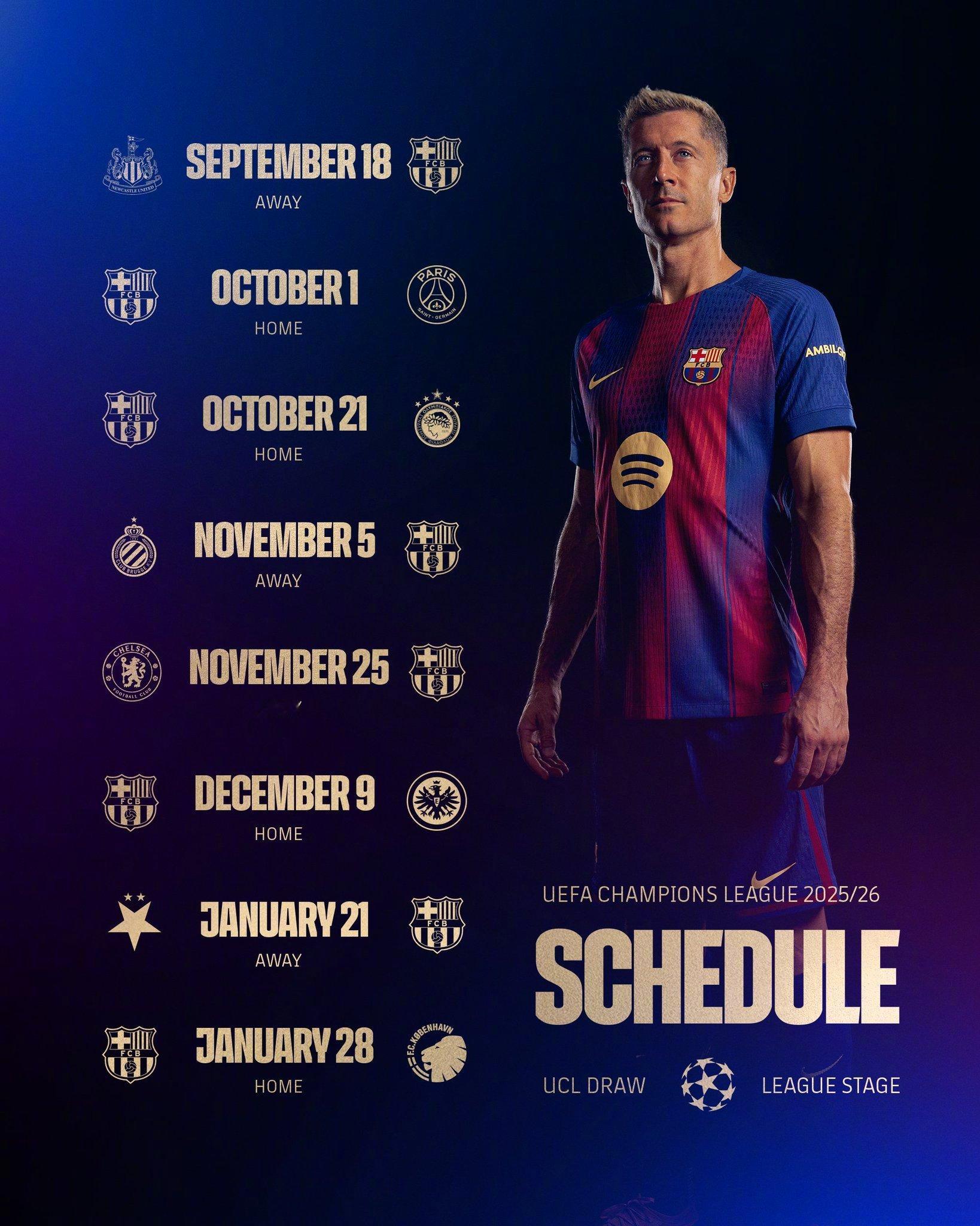 🏆25/26赛季巴萨欧冠联赛阶段赛程出炉⬇️📆9月18日✈️纽卡斯尔联🆚巴