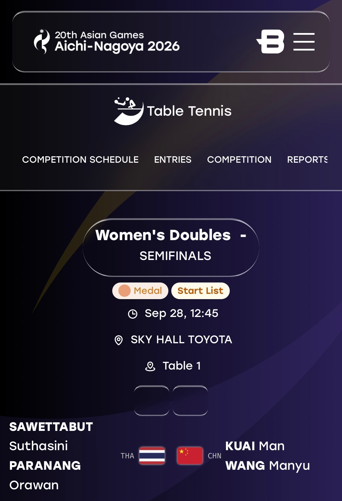 爱知名古屋亚运会 [拳头]中国队加油‬ 🏓赛事预告🏓女双 半决赛2026.9