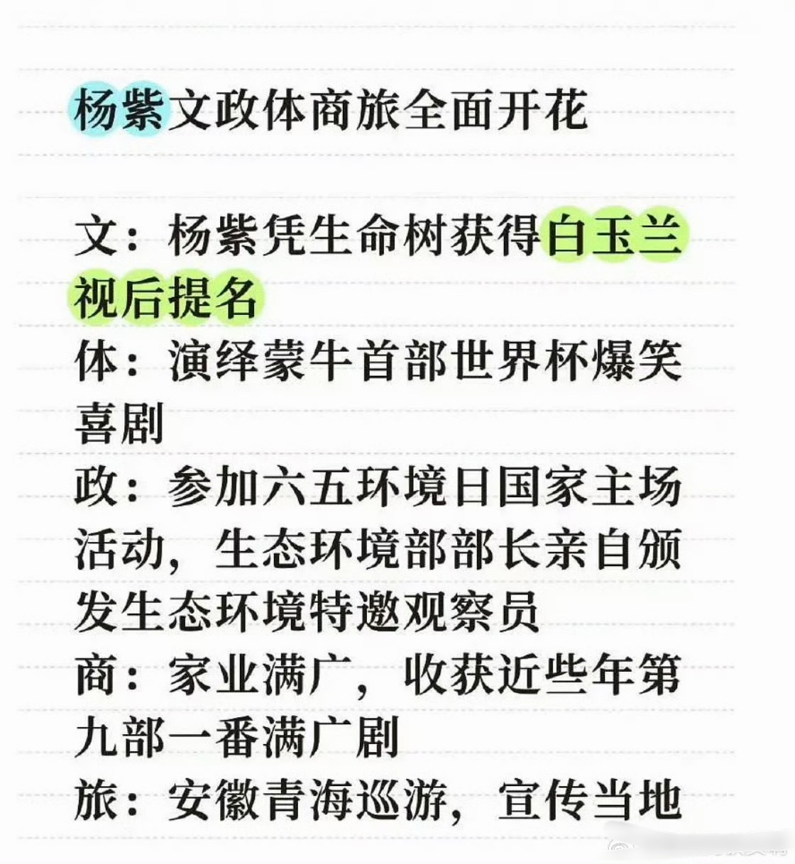 杨紫3天3城行程拉满，文政体商旅全开花，白玉兰视后提名、官方身份、实绩商业齐丰收