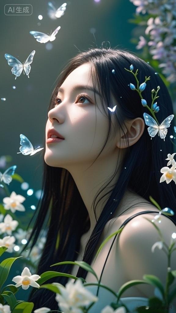 梦幻森林中的少女与发光蝴蝶，唯美仙境