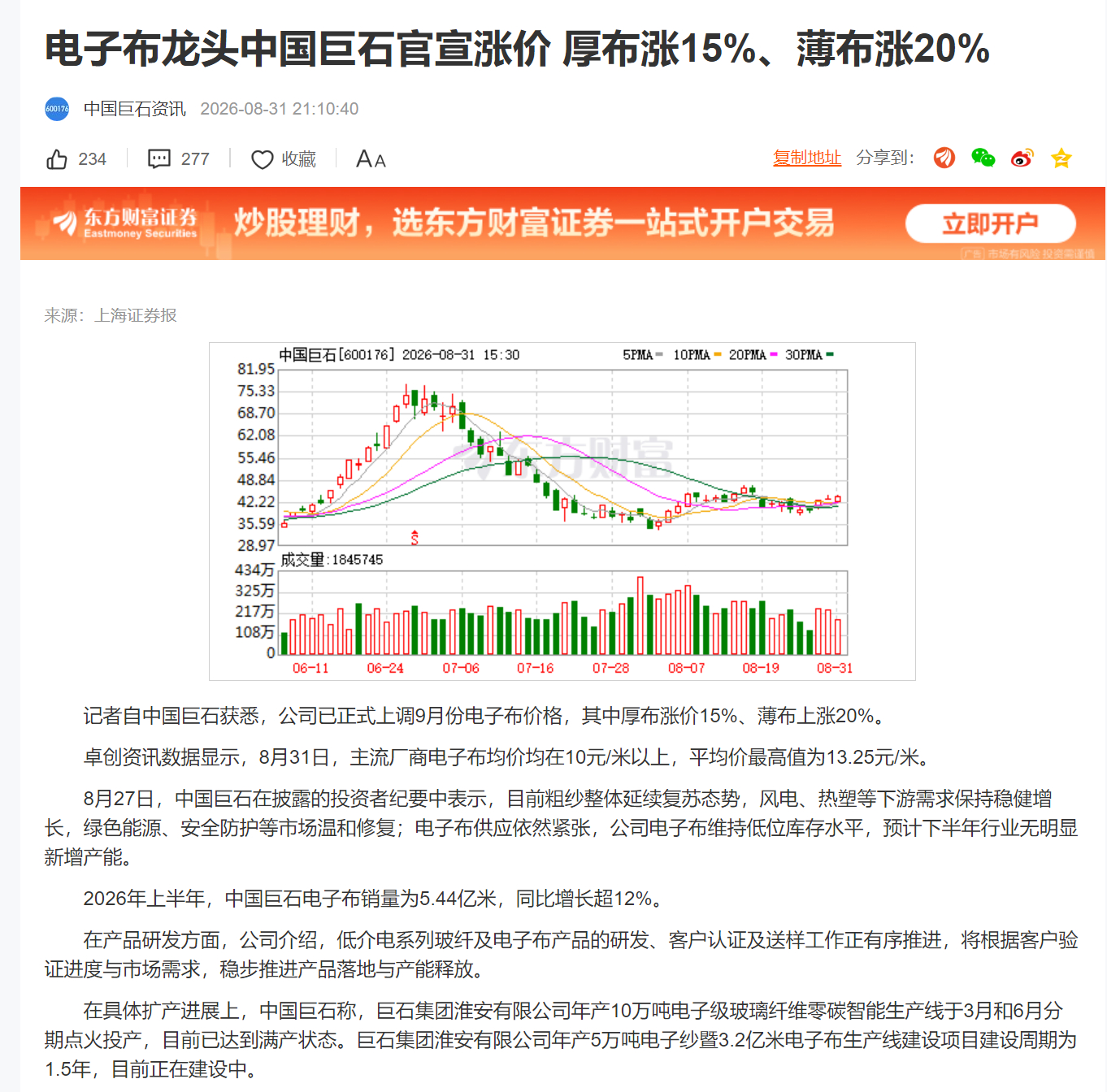 电子布龙头中国巨石官宣涨价 厚布涨15%、薄布涨20% ​​​