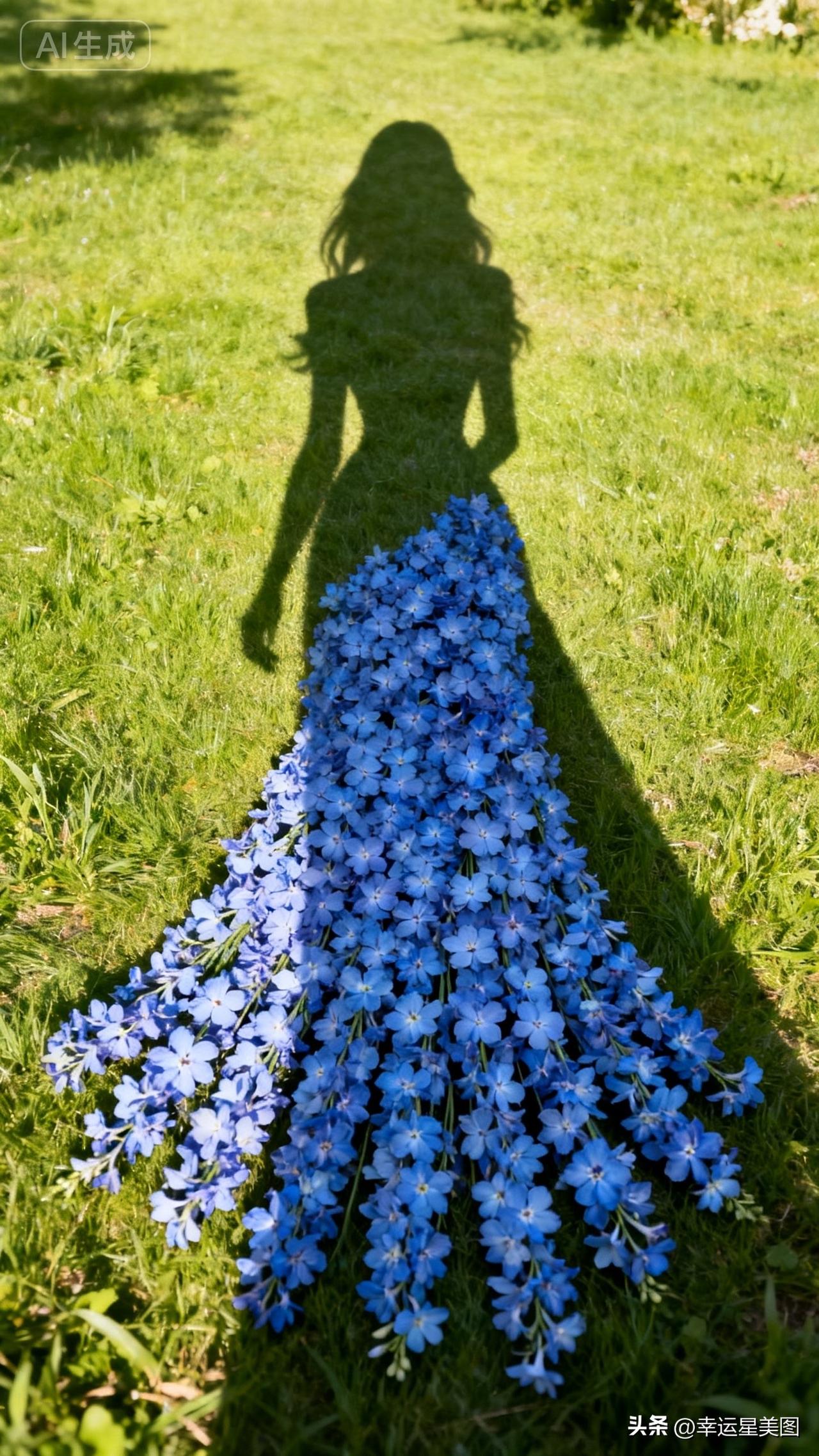 一个穿花裙子的影子在草地上。