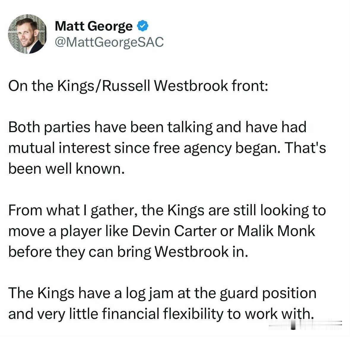 国王有意威少，但是他们需要先处理蒙克和德文-卡特！！！

根据记者Matt Ge