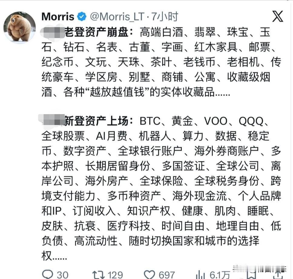 最近国外一位网友在社交媒体发帖，将人们持有的资产明确分为两类，一类是过去被看重的