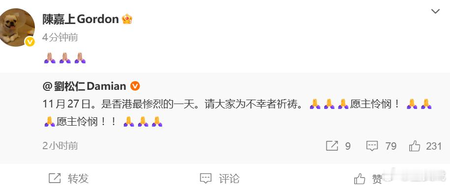 陈嘉上为香港火灾祈福 陈嘉上为香港火灾祈福。 