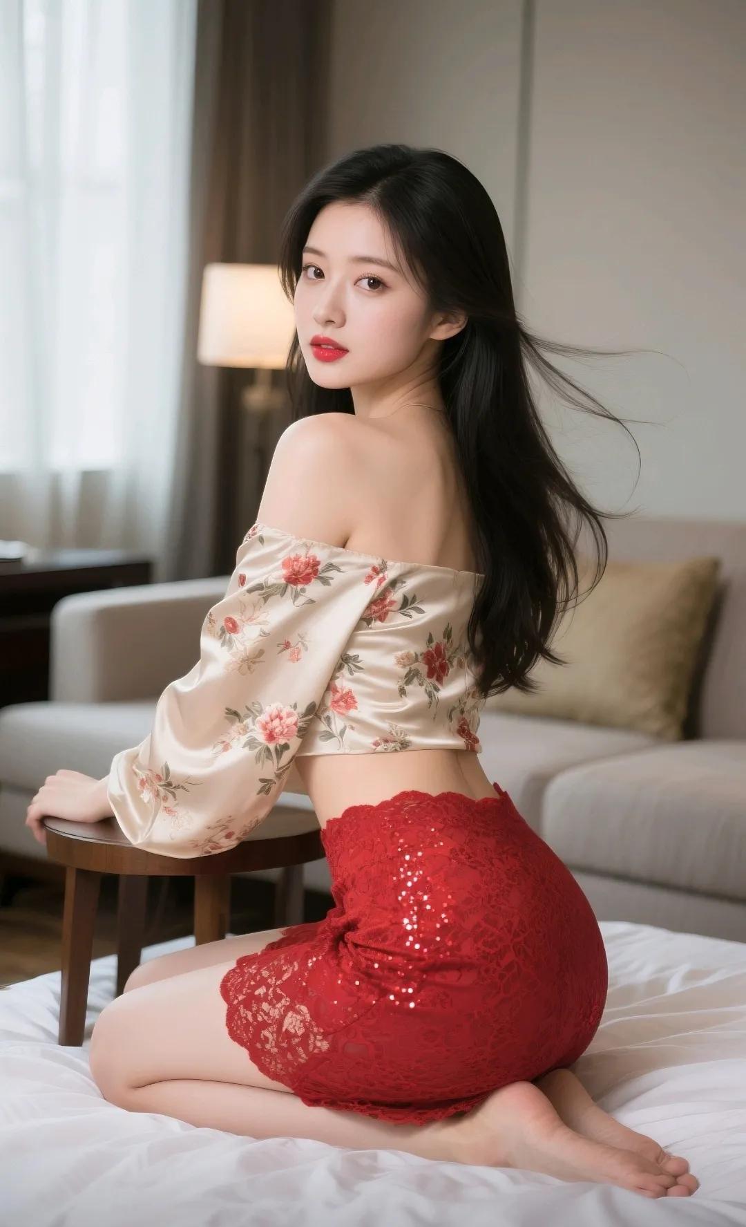 穿着红色蕾丝裙，坐在床上，好有气质。