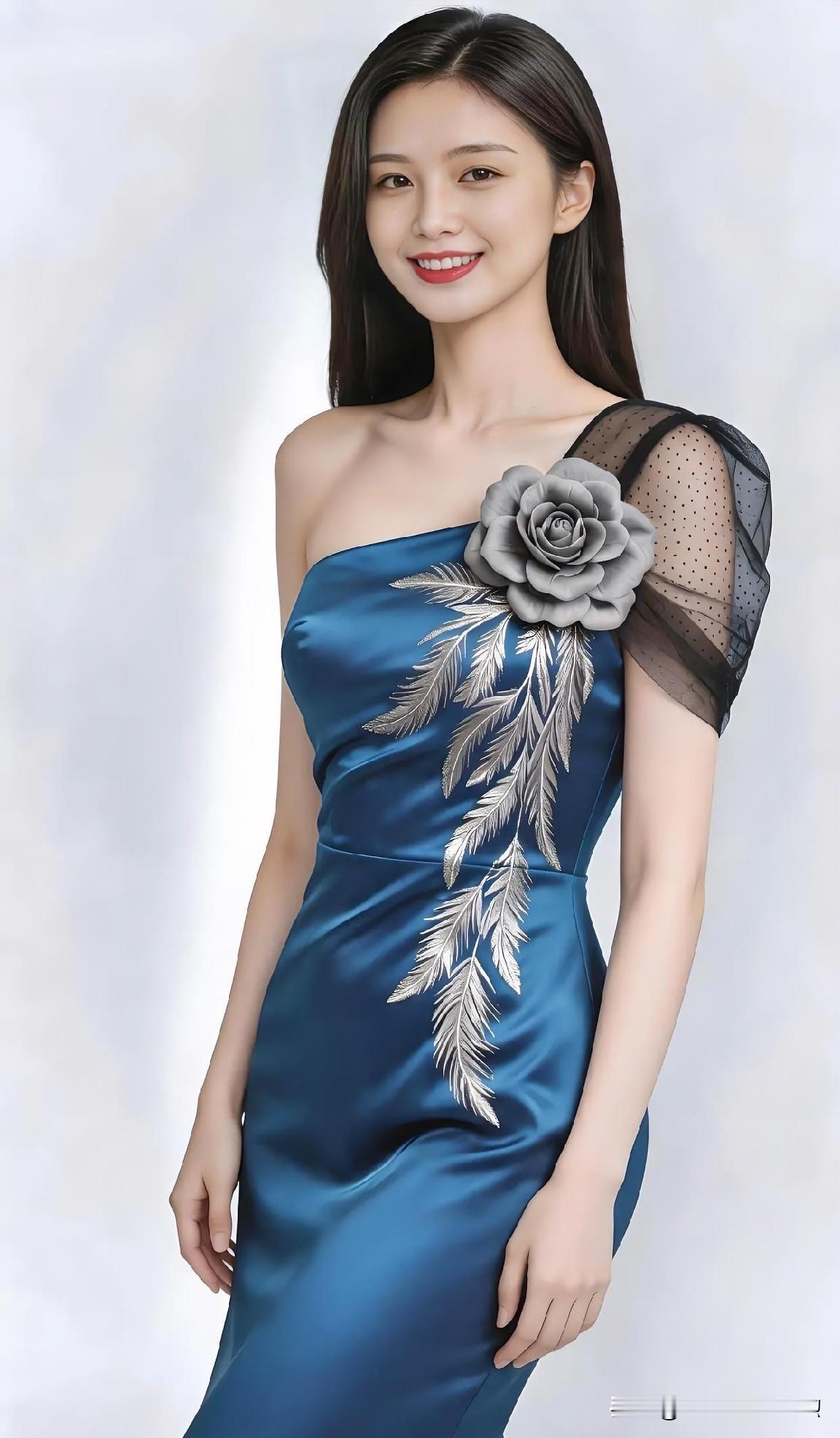 深海蓝缎面礼服缀立体繁花，勾勒曼妙身姿，绽放优雅灵动的迷人光彩。