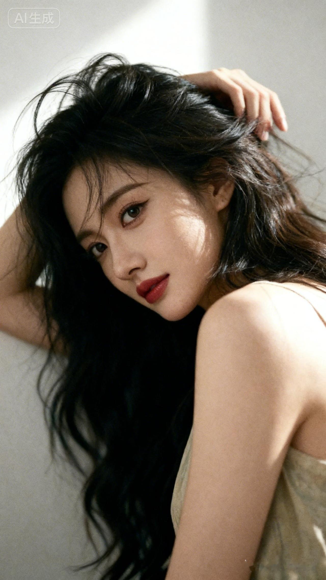 黑发卷曲蓬松，妆容精致雅致，身着文艺简约穿搭。女子侧身倚立素净墙面，单手轻抵头部