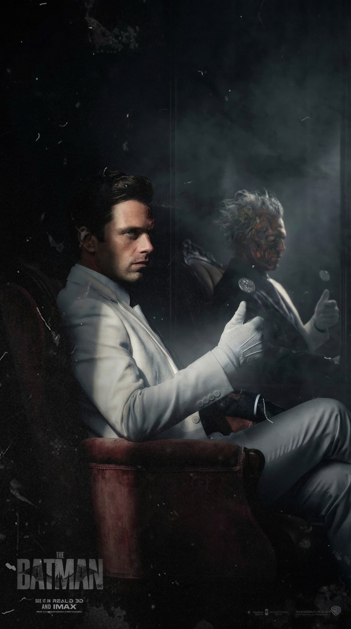 大神Bosslogic创作了一张《新蝙蝠侠2》塞包版双面人角色海报！身穿白色西装