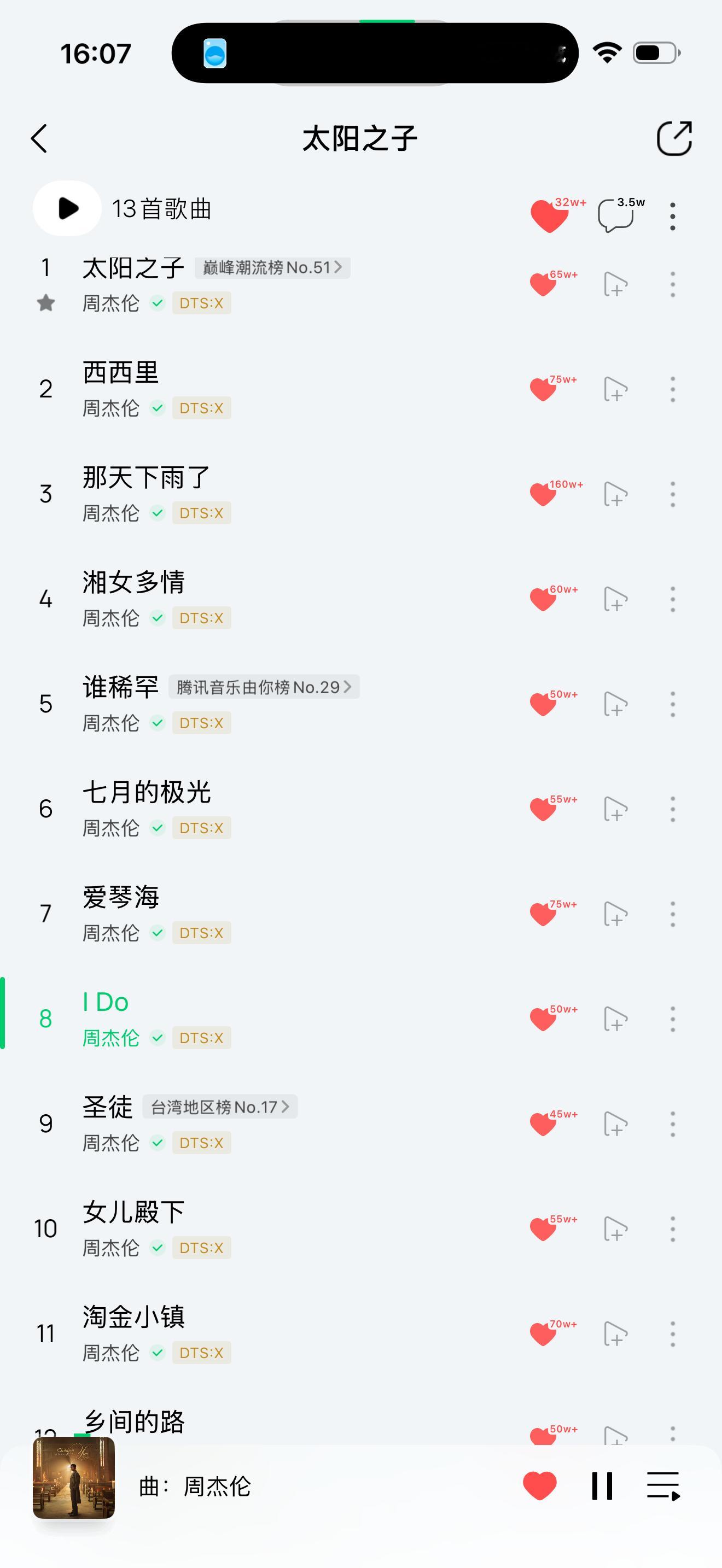 周杰伦新专辑里的歌火的都很均匀，最火的还是《那天下雨了》，确实整张专辑没有短板，