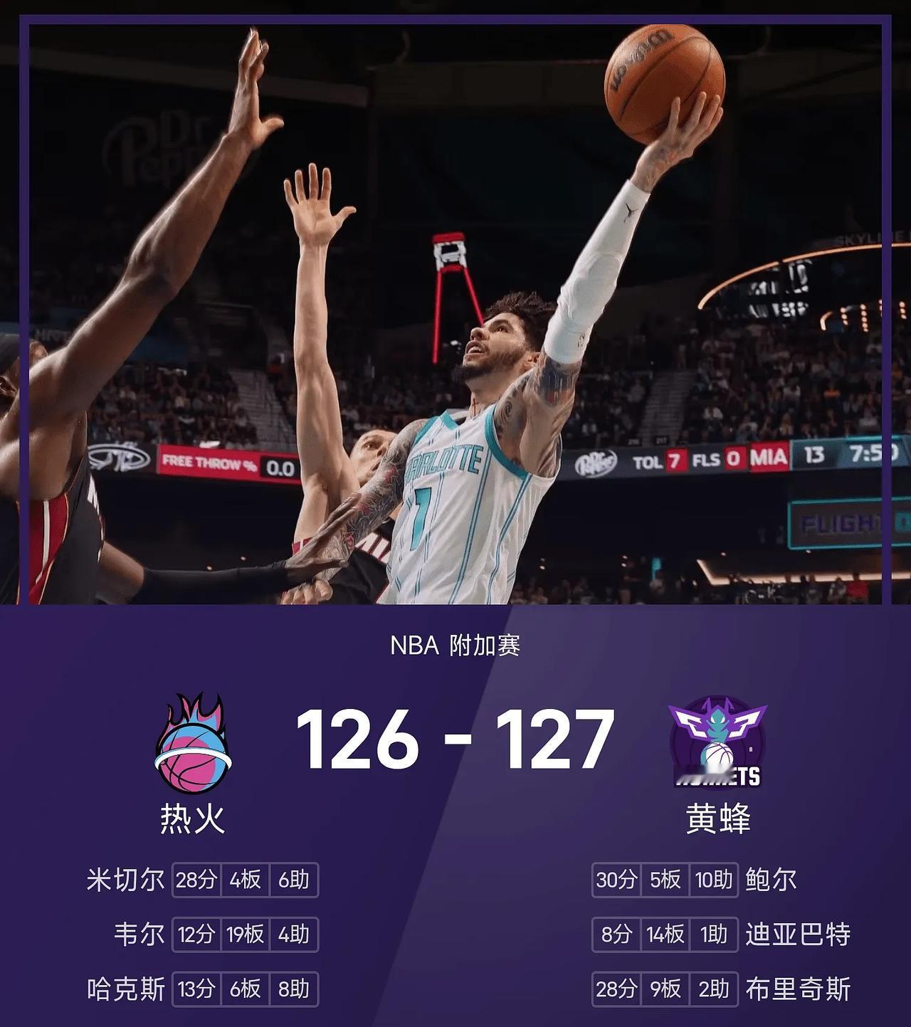 1分被绝杀，热火三年连续附加赛晋级被终结，黄蜂双核同时爆发！斯波很无奈！

4月