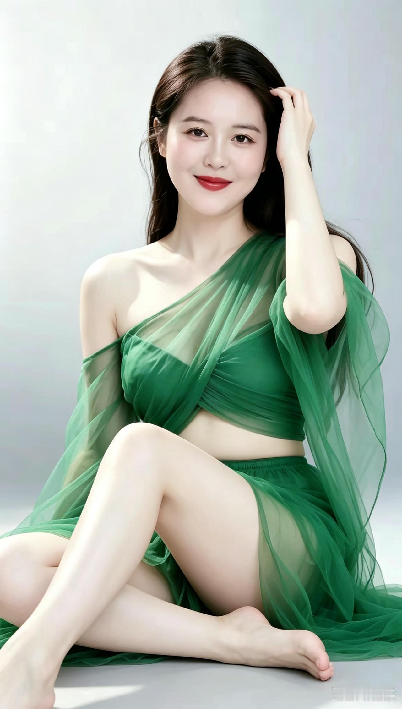 绿纱轻裹身姿柔，
浅笑嫣然眉目秀。
玉手轻撩青丝发，
容颜温婉韵风流。
素色背景