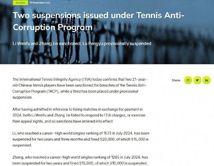 据国际网球诚信机构官网信息，两名21岁的中国网球运动员因违反《网球反腐败计划》（