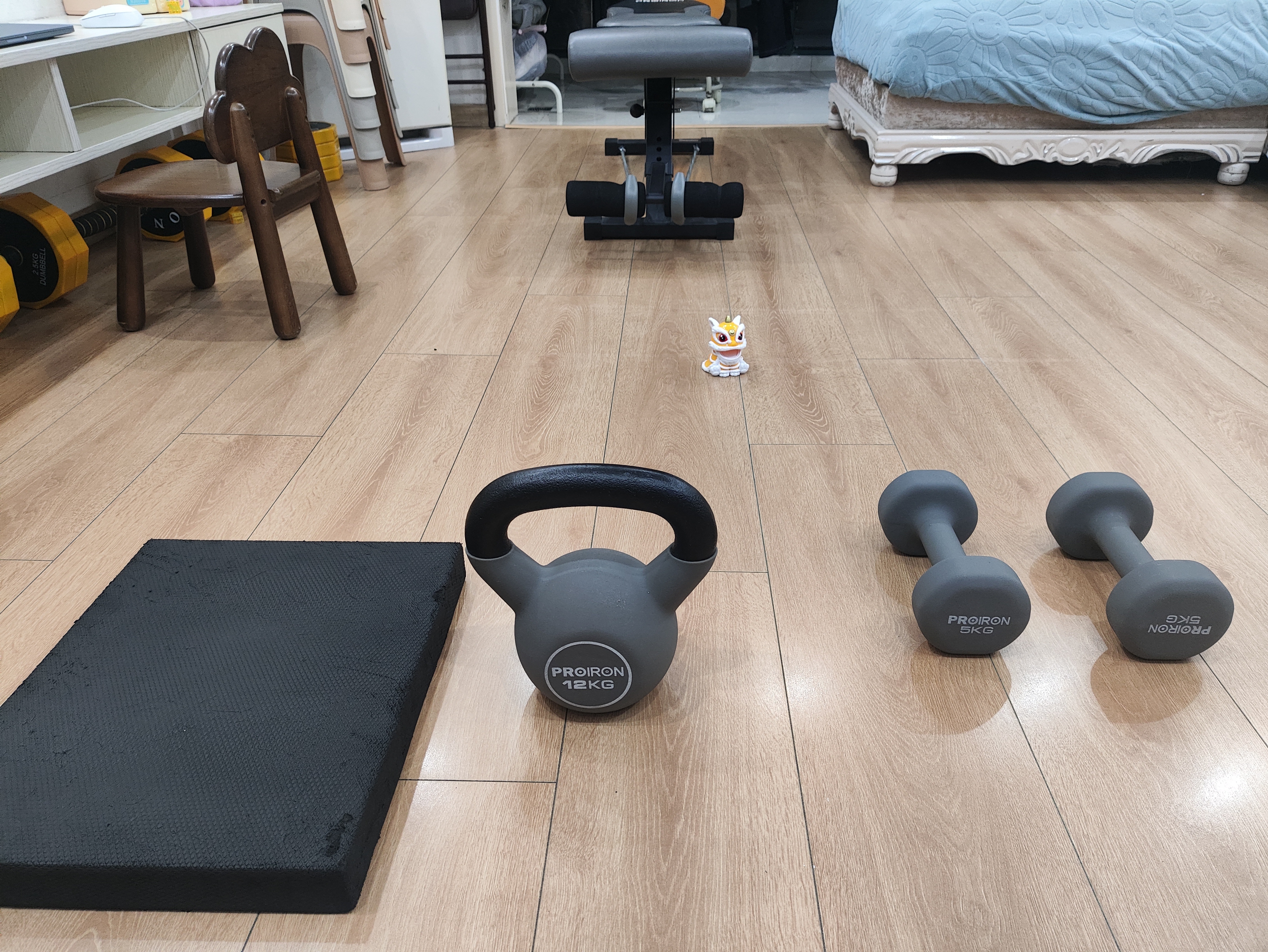 小搞，5+5公斤哑铃弯举5组105，12公斤壶铃俄罗斯转体5组110，哑铃凳弹力