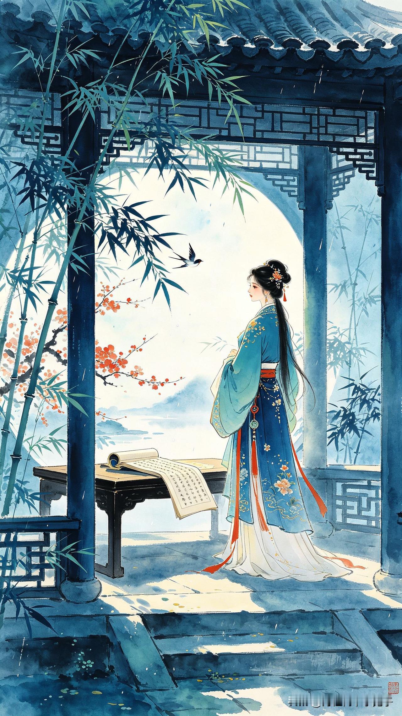 竹影横斜月半廊，
旧时书卷剩余香。
自从一别春风面，
    
…………请师友续