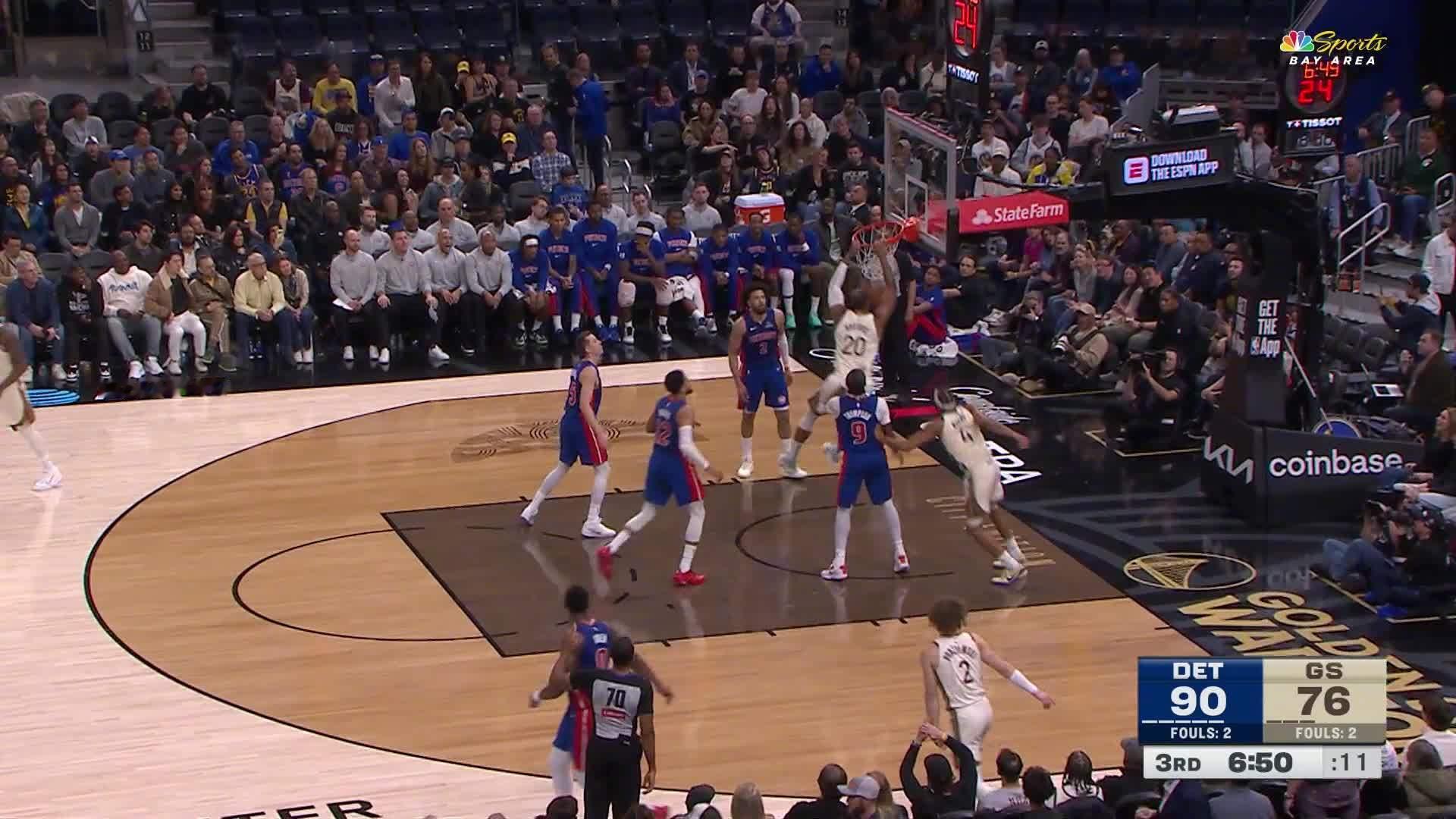 霍福德连续得分，帮助勇士缩小分差！活塞vs勇士