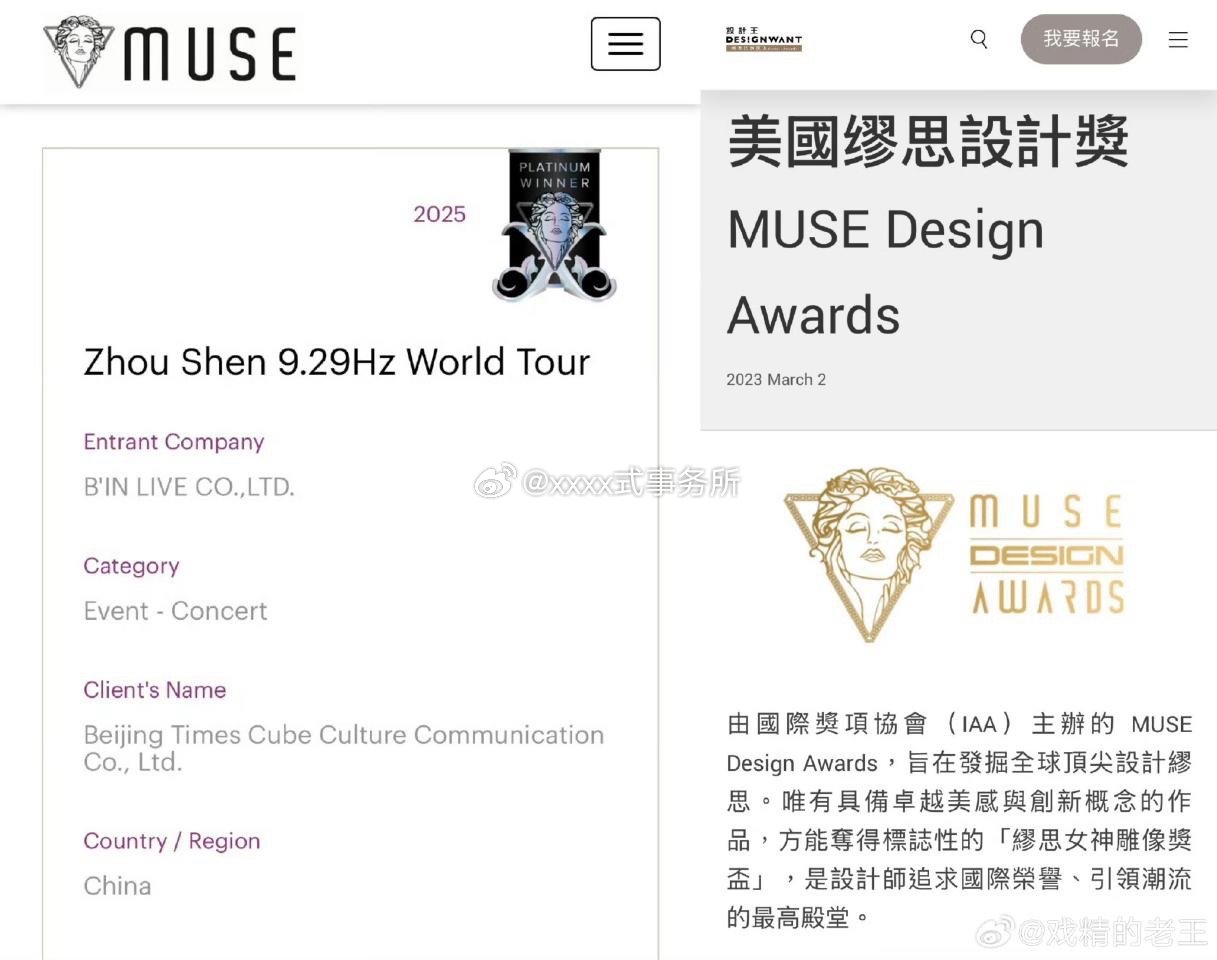 周深9.29HZ世界巡回演唱会获得三项国际大奖！🏆Muse Creative 