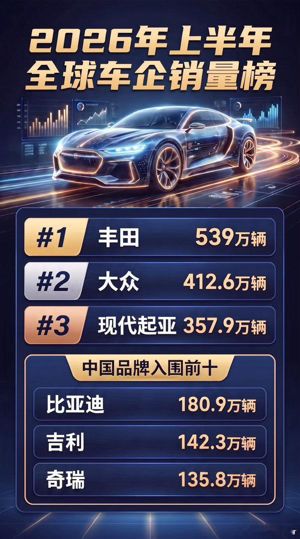 丰田又拿了全球车企销量第一 2026年上半年全球销量冠军仍为丰田汽车，其全球销量
