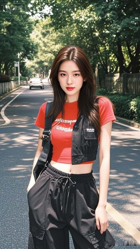 这个小姐姐穿着红色上衣和黑色裤子，背着包站在马路上。