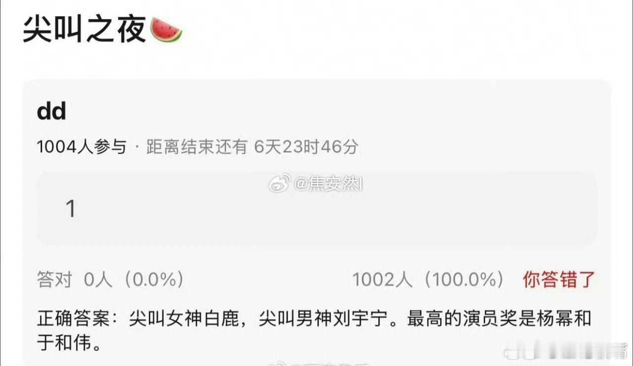 吃瓜🍉：网传今年爱奇艺尖叫之夜：尖叫女神：白鹿尖叫男神：刘宇宁最高演员奖：杨幂
