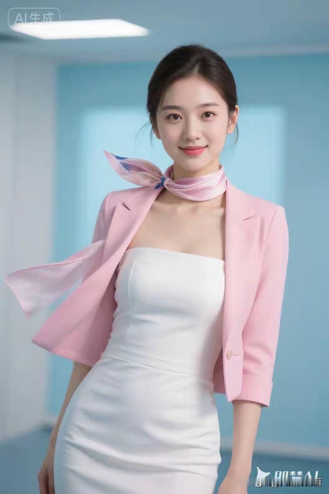 这位女士穿着粉色外套和白色连衣裙，搭配粉色丝巾，看起来非常优雅。