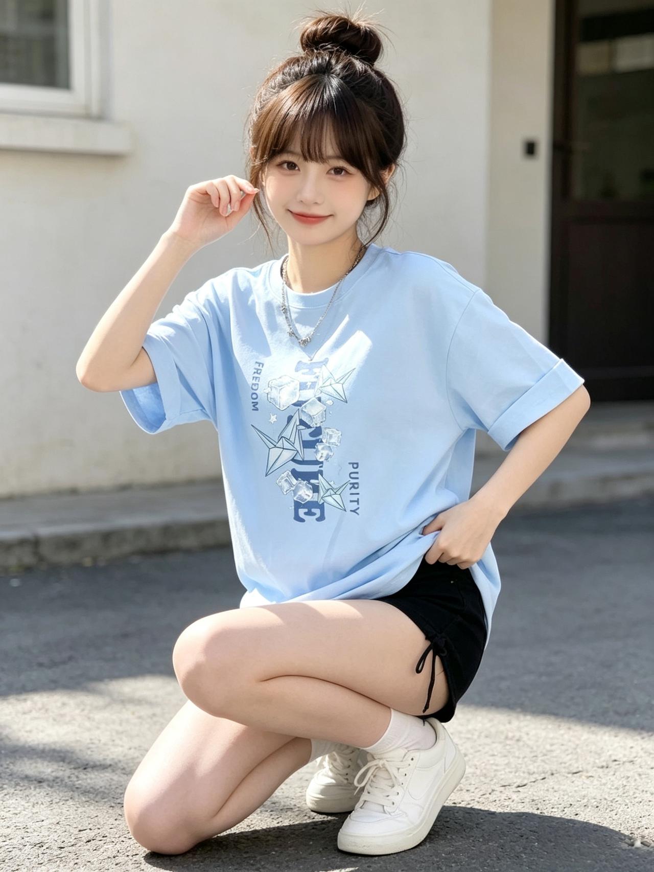 元气少女穿搭指南：清新蓝T恤+黑色短裤，活力满满！🌞👗👟怎么穿搭才能显得简