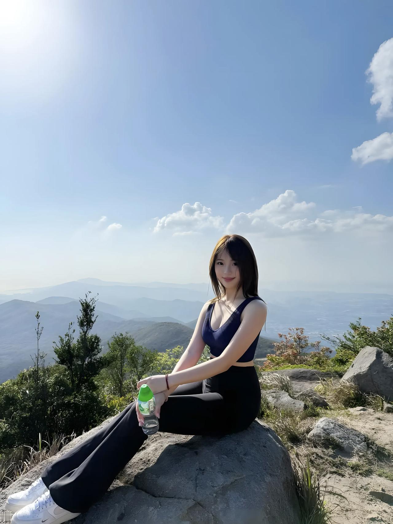 春日生活打卡季春日阳光明媚，黑衣美人倚石山巅之上，静享自然之美，与绿水青山相伴。