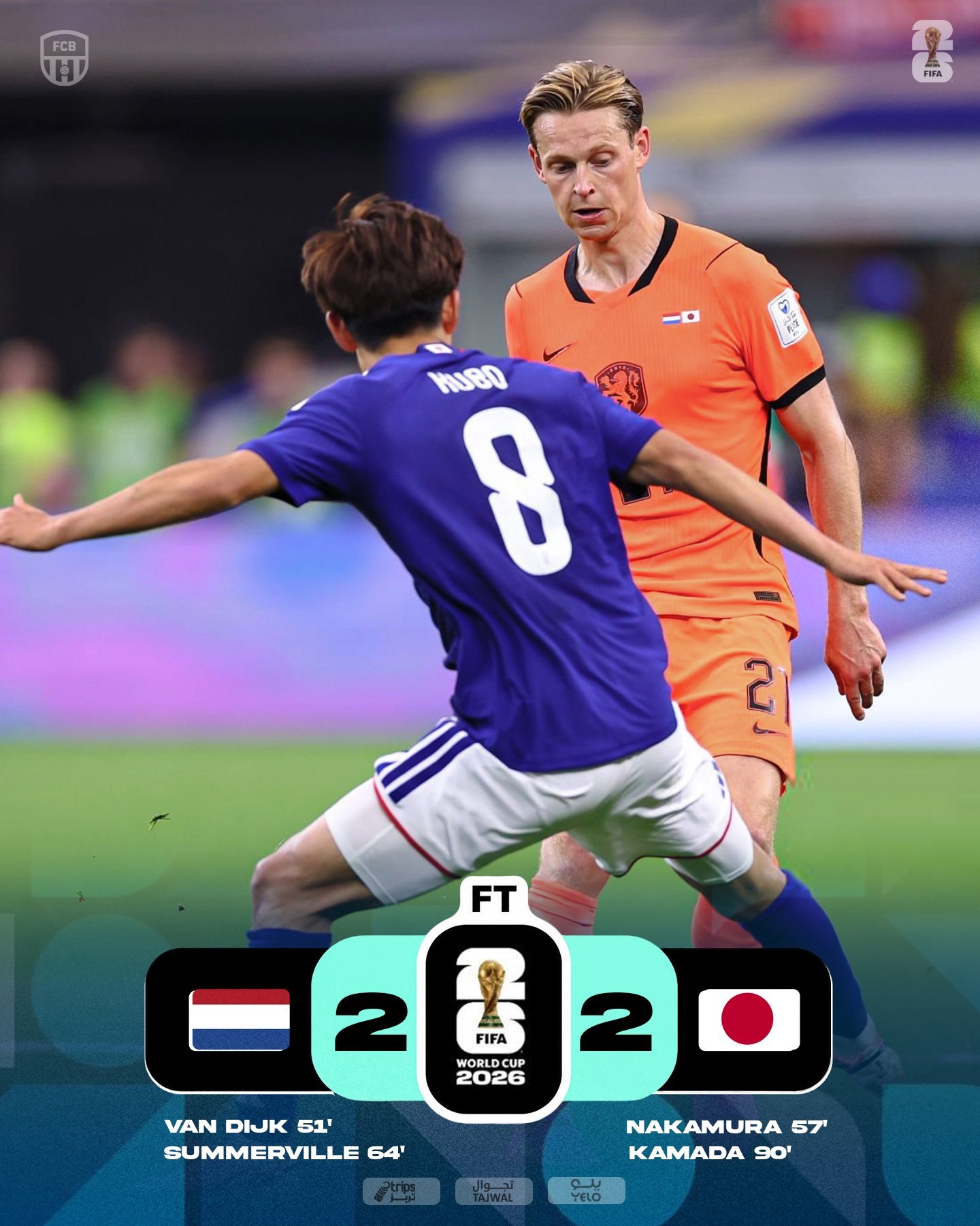 🇳🇱荷兰2-2日本🇯🇵，德容首发出战踢满全场。围观世界杯荷兰vs日本荷兰