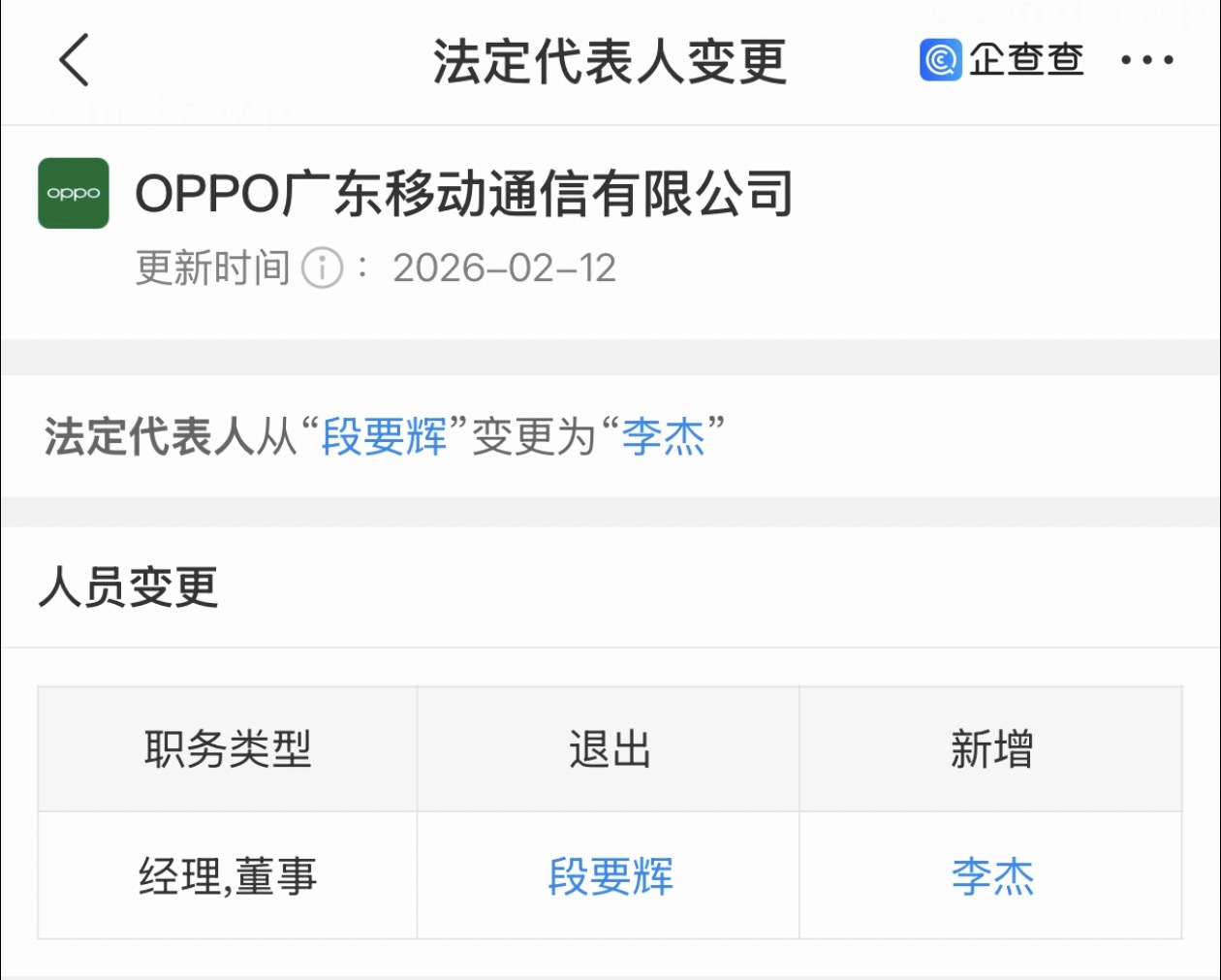 OPPO法人从段要辉变更为李杰，不过OPPO的李杰不止一个，不一定是各位熟知的那