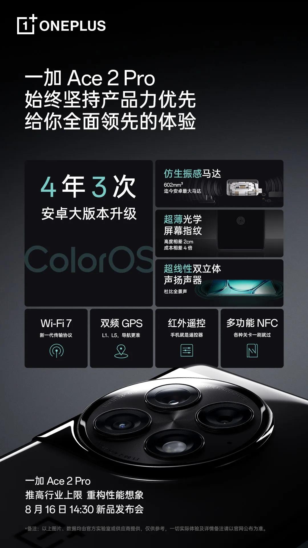 一加宣布Ace2 Pro跟一加11一样，同样享受四年三次安卓大版本升级；一加四年