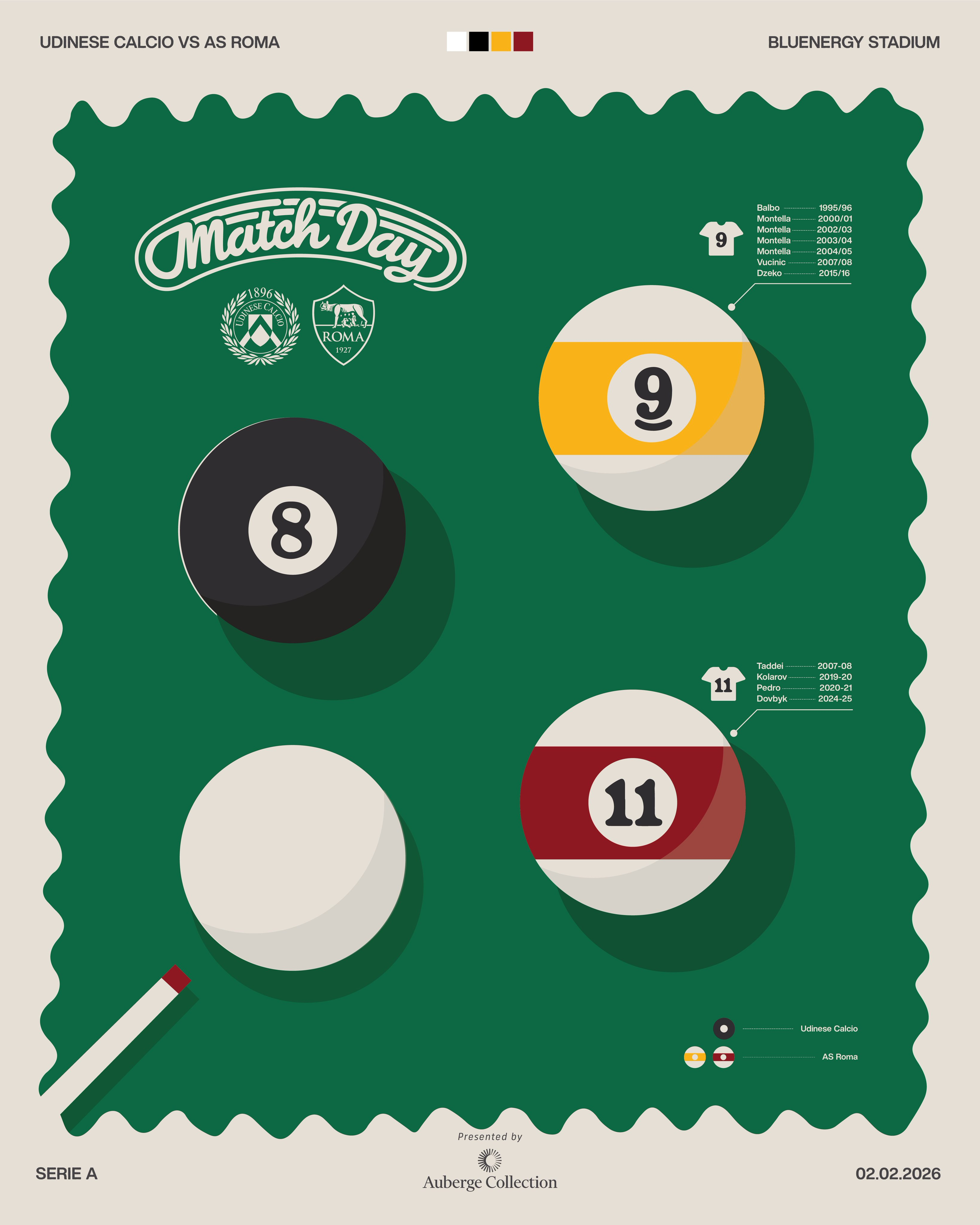 比赛日海报，台球主题 （黑8代表乌迪内斯，9和11代表近些年罗马对乌迪内斯进球的