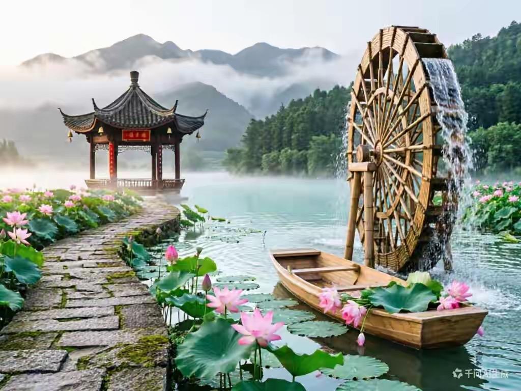 水上千舟渡，
空中百鸟飞。
横批：《千舟与百鸟》